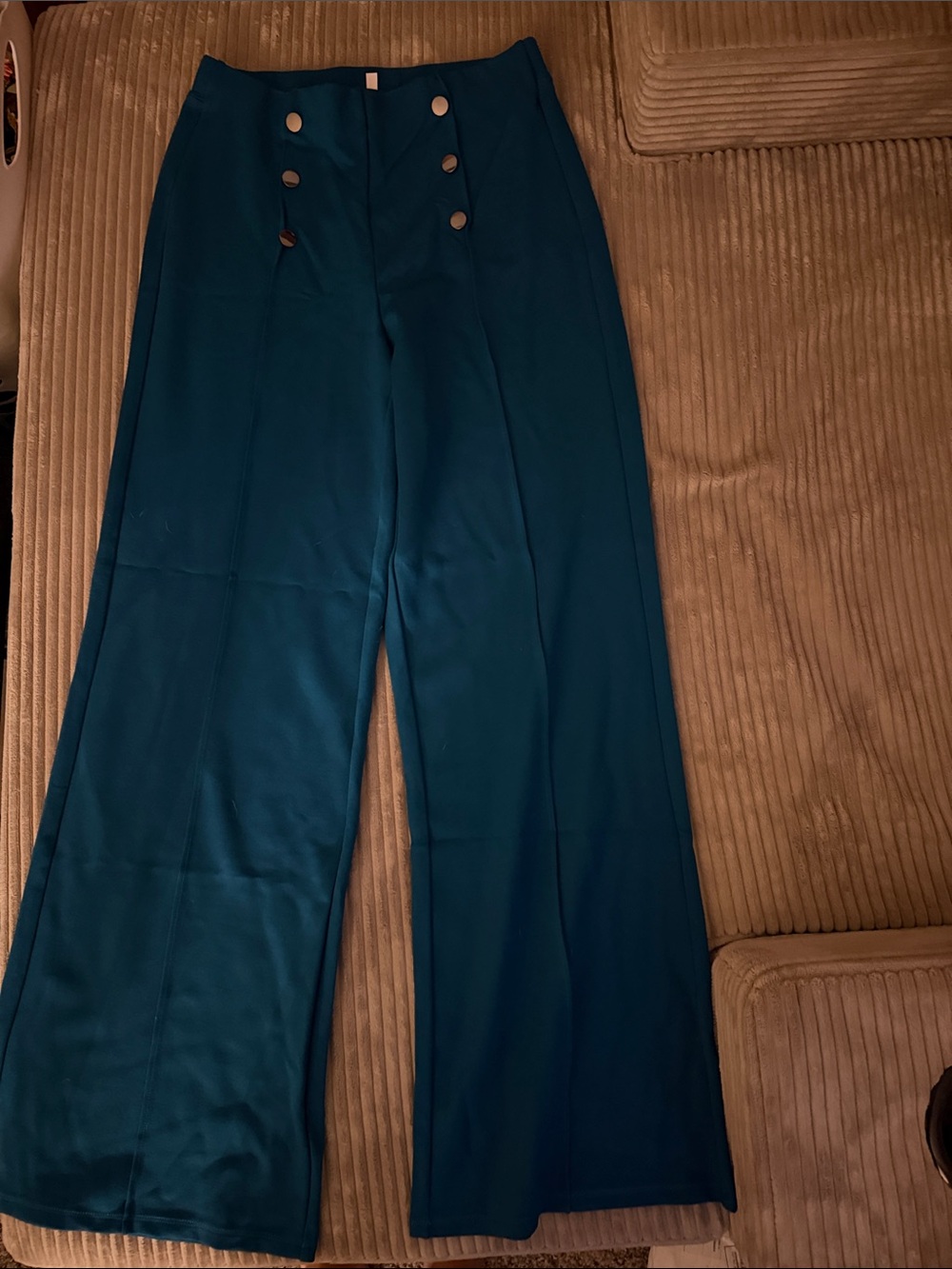 HALARA Teal Wide Leg High-Rise Pants with Button Detail